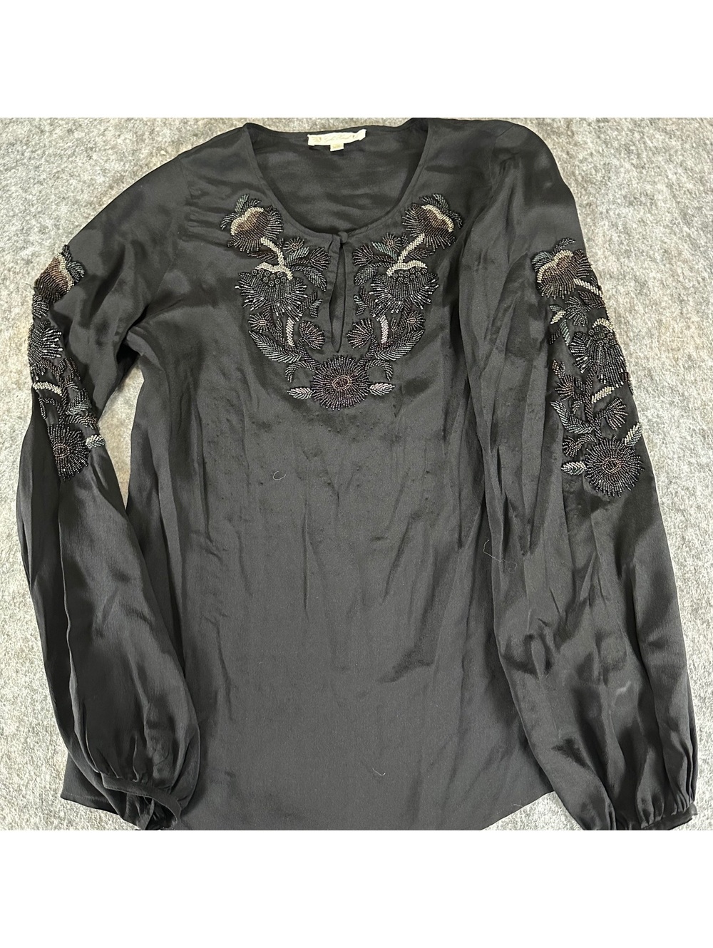 Gold Hawk Black 100% Silk Beaded Floral Long Sleeve Blouse Top XS Boho Luxe